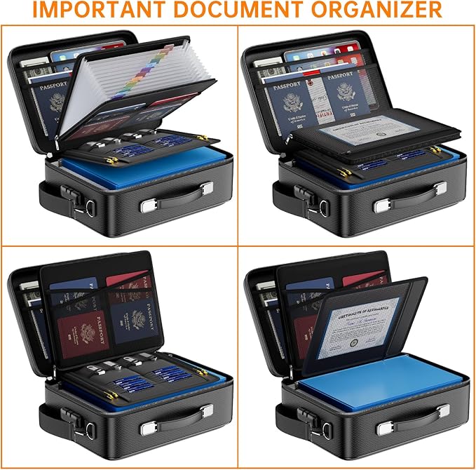 DocSafe Fireproof Document Box with Lock&Shoulder Strap, Hard-Shell Case File Organizer with Accordion File Folder, Multi-Layer Portable Home Office Travel Safe Storage for Important Documents Laptop-DeskLoop Office