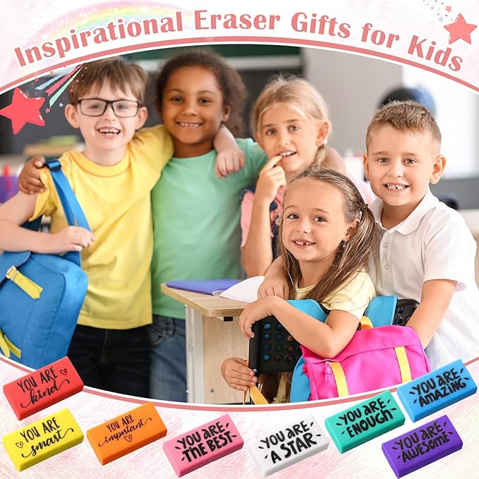 PerKoop 50 Pcs Inspirational Erasers Bulk Back to School Gifts Colorful Motivational Pencil Erasers for Kids First Day of School Favors for Students Teachers Classroom Office Supplies-DeskLoop Office