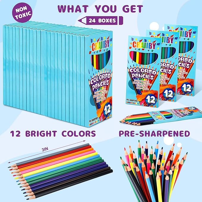 Premium Colored Pencils, Soft Core, 288 Count (Pack of 24), 12 Colors Pre-sharpened Color Pencils Bulk, Back to School Supplies, Classroom Prizes-DeskLoop Office