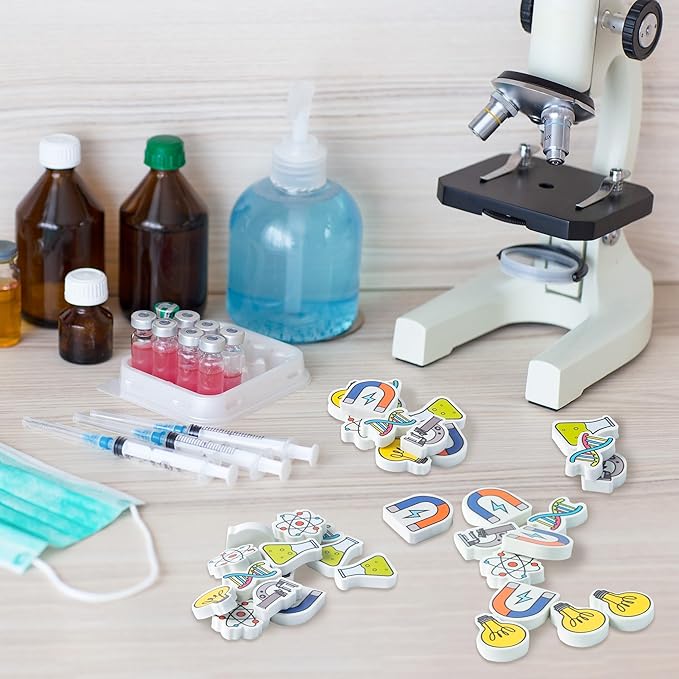 ANGOLIO Science Mini Eraser - 60P Summer Back to School for Kids Bulk Novelty Including microscopes U Shaped Magnets Lamp Bulb Pattern Pencil Eraser for Student Homework Summer Reward Classroom Prizes-DeskLoop Office