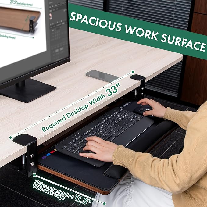 D'vine Dev Under Desk Keyboard Tray with Wrist Rest Bamboo Wood Keyboard Drawer with Full Size Mouse Pad, Walnut Color, KBT-2-DeskLoop Office