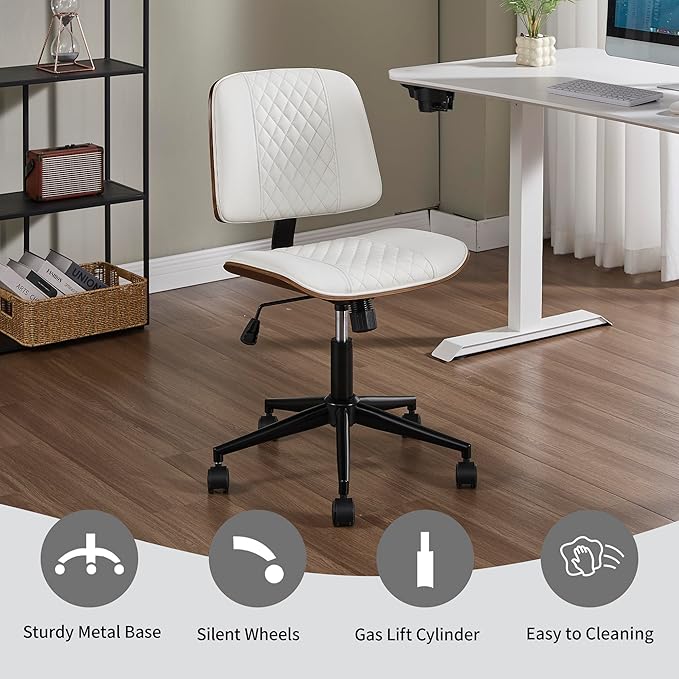 Small Home Office Chair - Armless Mid Back Desk Chair with 360° Swivel and Wheels, PU Upholstered Height Adjustable Modern Walnut Computer Chair for Home, Office Meeting Room - White-DeskLoop Office
