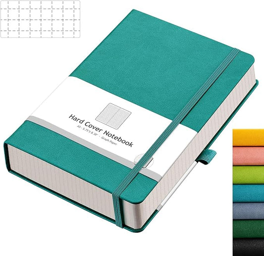 AHGXG Graph Paper Notebook - 320 Pages Grid Notebook Thick Journal A5, 100gsm Thick Graph Paper, Leather Hardcover, Inner Pocket,5.75'' × 8.38''- Cyan-DeskLoop Office