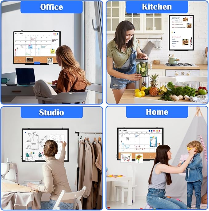 Monthly Calendar Whiteboard Dry Erase Cork Board Combo, 24" x 18" Magnetic Double-Sided Calendar White Board and Bulletin Board with Black Aluminium Frame, Portable Whiteboard for Office, Home, School-DeskLoop Office