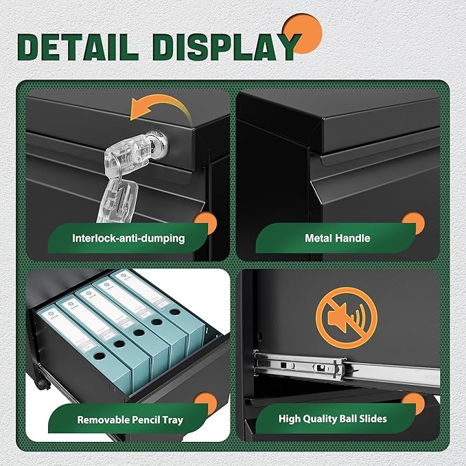 Letaya Mobile File Cabinet with Lock,2 Drawer Under Desk Metal Rolling Filing Cabinets for Home Office Organizer Letters/Legal/A4(Fully Assembled-Black)-DeskLoop Office