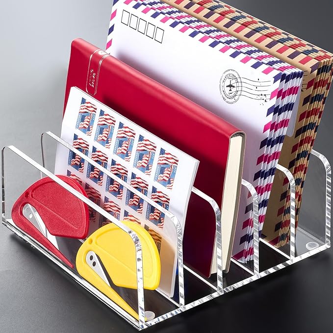 BEYGORM 2 Pack Acrylic Mail Holder, Clear Desk Organizer with Divider, Vertical Letter Sorter for Desktop, 5 Compartments Modern Office Home Envelope Organizer for Bill, Document, Notebook-DeskLoop Office