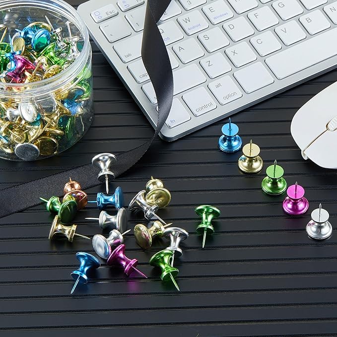 Outus 100 Pcs Giant Push Pins Large Thumb Tacks Plastic Heads 1 Inch Jumbo Push Pins for Cork Board Map Posters Office School(Purplish Red, Gold, Blue, Green, Silver)-DeskLoop Office