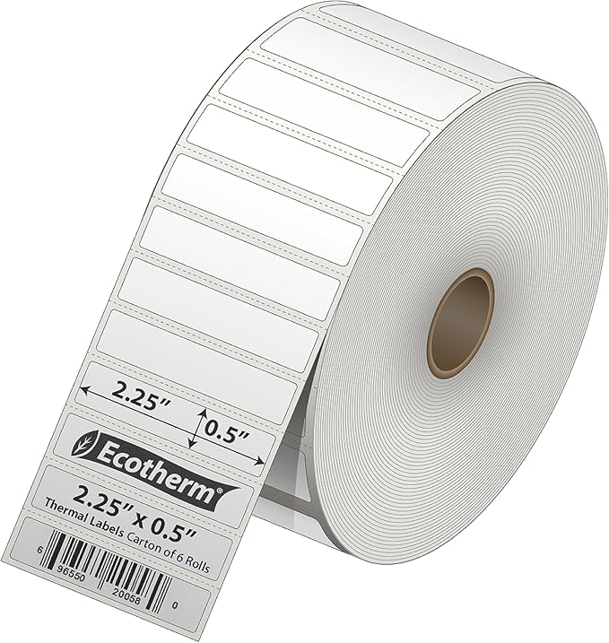 2.25" x .5" Thermal Labels | 6 Rolls | 25200 Labels | fits Zebra, Munbyn, Rollo, Godex, Arkscan, iDPRT, Offnova Thermal Label Printers and More | Blank White Adhesive Stickers by Ecotherm-DeskLoop Office