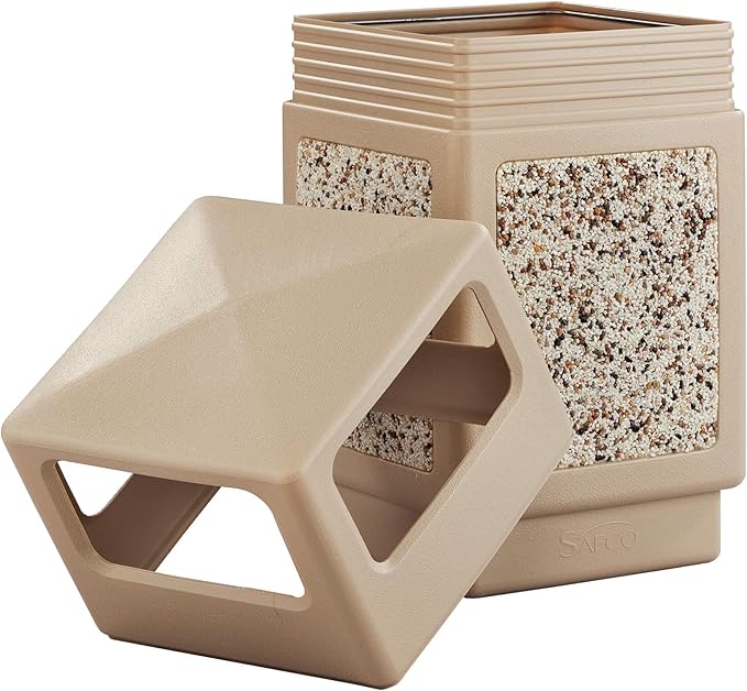 Safco Canmeleon Trash Can, 38 Gallons, Indoor and Outdoor Use, Durable & Weather-Resistant Commercial Garbage Can with Stone Panels, Tan-DeskLoop Office