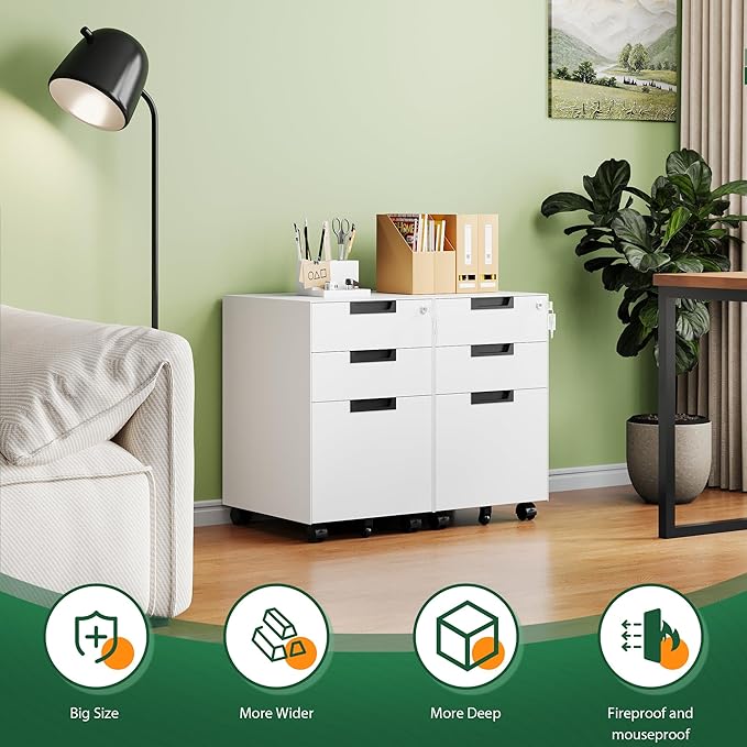 Letaya 3 Drawer Mobile File Cabinet with Lock,Under Desk Metal Small Filing Cabinets for Home Office Organizer Letters/Legal/A4(Fully Assembled Except Wheels-White)-DeskLoop Office