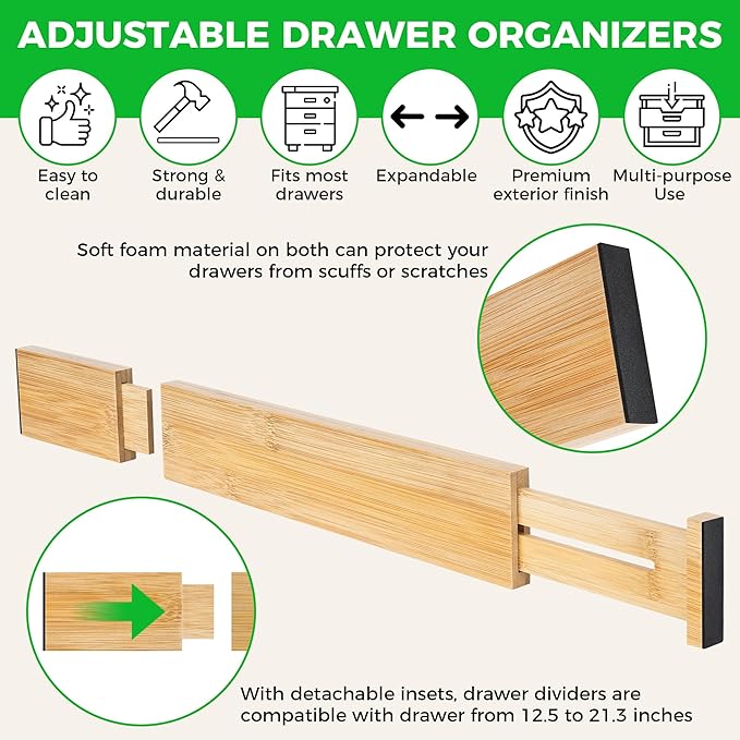 FJO 4 Pack Adjustable Bamboo Drawer Dividers - 12.5" - 21.7" Expandable Drawer Separators for Kitchen, Utensils, Clothes, Bedroom, Dresser, Bathroom (Beige)-DeskLoop Office