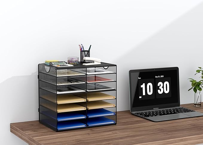 EasyPAG 14-Slot Mesh Desk File Organizer with Handle, Metal Frame Paper Tray for Classroom/Office/Home - Easy Assembly, Durable Tiered Sorter & A4/Letter Size, Black-DeskLoop Office