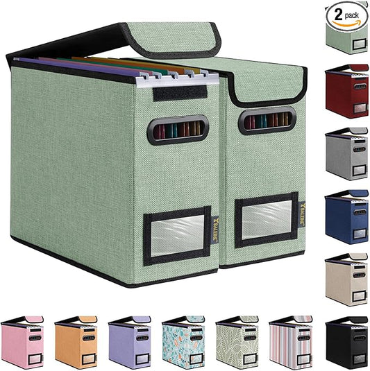 BALEINE File Organizer Box with Lid, Collapsible File Folder Organizer with Plastic Slide, Hanging File Folder Box for Office Document Storage (2 Pack, Green, S)-DeskLoop Office