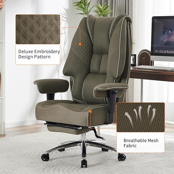 Big and Tall Office Chair 400lbs Wide Seat, Leather High Back Executive Office Chair with Foot Rest, Ergonomic Chairs Lumbar Support for Lower Back Pain Relief (Mesh Light Green)-DeskLoop Office