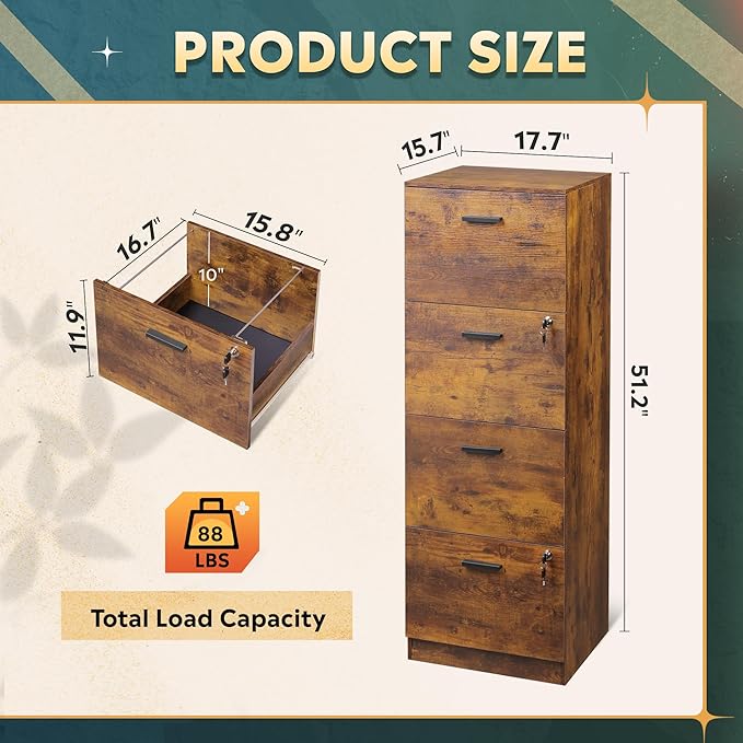 DEVAISE 4 Drawer File Cabinet with Lock, Vertical Filing Cabinet for A4/Letter Size Files, Wood Storage Organizer for Home Office, Rustic Brown-DeskLoop Office