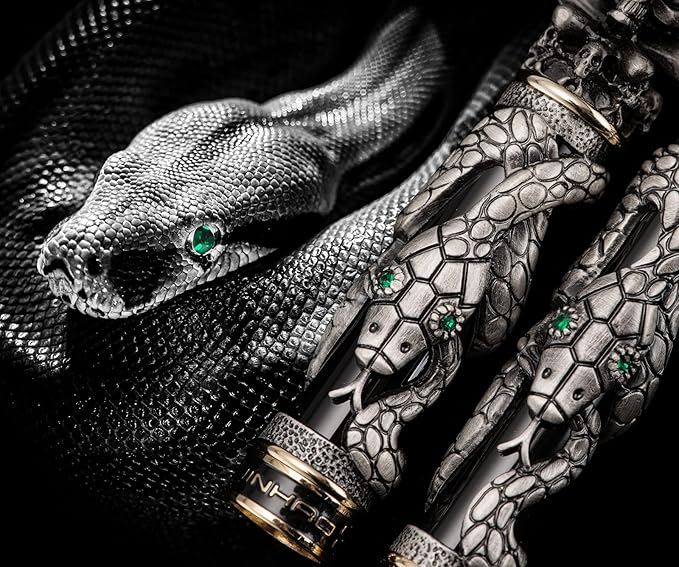 Jinhao Black Snake Fountain Pen Medium Nib Retro Style with Skull Head Solid Metal and Paper Pen Case Set-DeskLoop Office