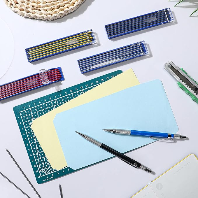 Nezyo 12 Pieces Welder Pencil with 108 Pieces Round Refills Mechanical Metal Pencil Marker with Built in Sharpener Pen for Construction Workers, Metal Work, Plumbers, Framers-DeskLoop Office