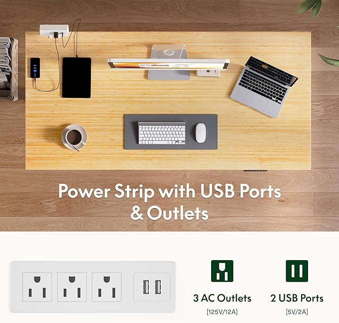 FLEXISPOT EN2 Whole-Piece Bamboo Standing Desk with Clamp Power Strip, 48 x 24 Electric Stand Up Height Adjustable Desk with Cable Management (White Frame + 48" Bamboo Top, 2 Packages)-DeskLoop Office