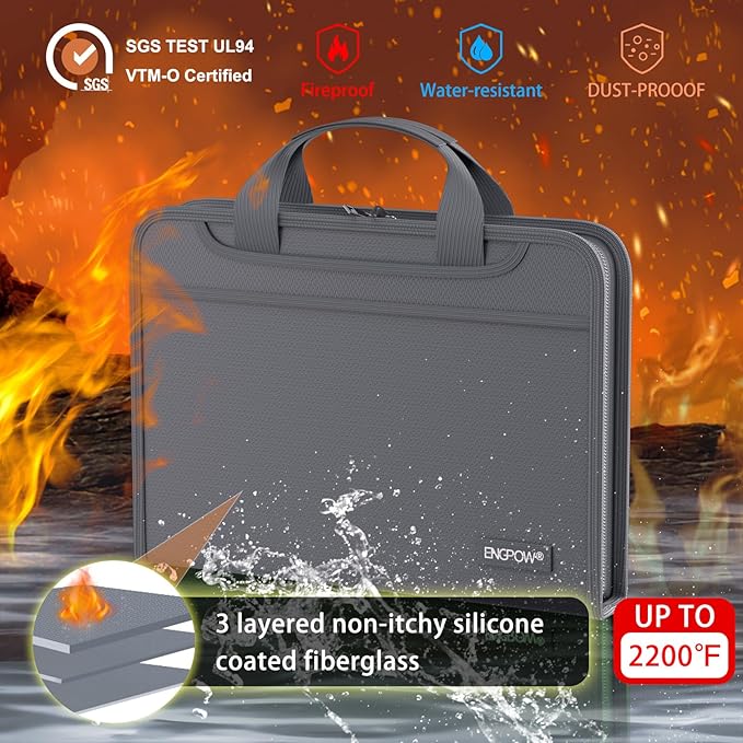 ENGPOW Accordion File Organizer,Fireproof Expanding File Folder with Multi Pockets,13 Pockets Document Organizer Bag with Handle & Labels,Portable Home Travel Safe Storage for Letter A4 Files,Gray-DeskLoop Office