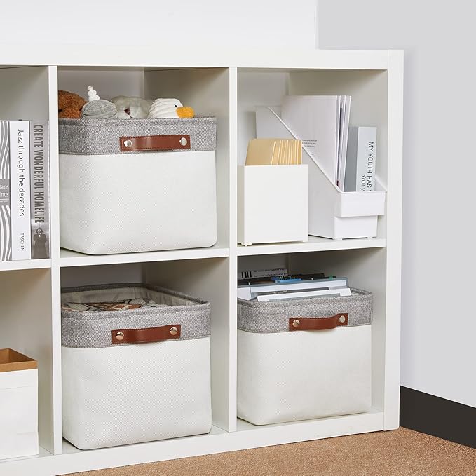 DULLEMELO Storage Baskets for Organizing, Shelves,Bedroom, Decorative Storage Bins with Leather Handles, Fabric Storage Basket for Office, Toys(3-Pack Medium-15 inch X 11 inch X 9.5 inch , Grey&White)-DeskLoop Office