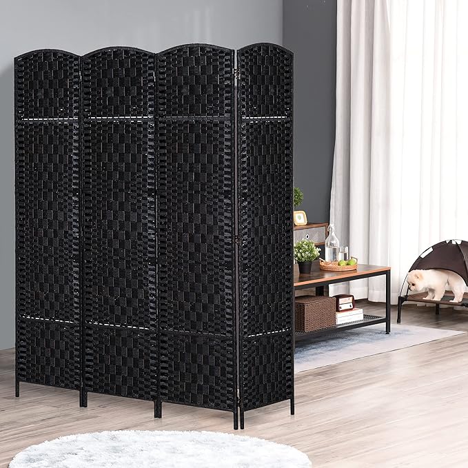 HOMCOM Room Divider 4 Panels Folding Privacy Screen 6FT Tall Portable Wicker Weave Partition Wall Divider for Bedroom Home Office, Black-DeskLoop Office