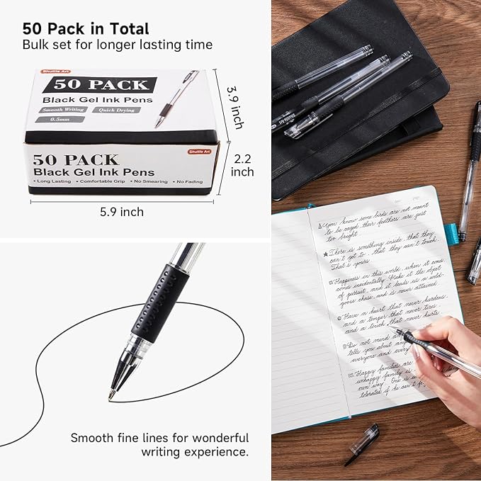 Shuttle Art Black Gel Pens, 50 Pack Fine Point Black Ink Pens Bulk, 0.5mm Rollerball Gel Ink Pens Smooth Writing with Comfortable Grip for Office, School and Home-DeskLoop Office