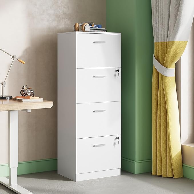 DEVAISE 4 Drawer File Cabinet with Lock, Vertical Filing Cabinet for A4/Letter Size Files, Wood Storage Organizer for Home Office, White-DeskLoop Office