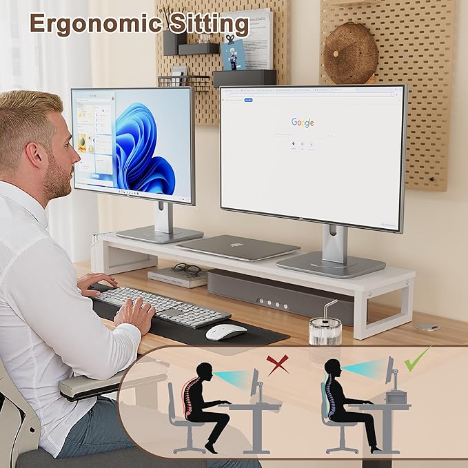 LAND·VOI Dual Monitor Stand Riser,41.5'' Long Monitor Stand for 2 Monitors, Wood and Steel Computer Monitor Stand, Desktop Oraganizer with Pen Holder, Monitor Riser for Desk Computer,Laptop,TV, White-DeskLoop Office
