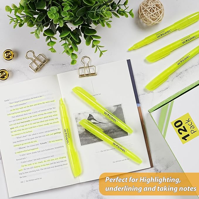 Highlighters Bulk, Woswel 120 Pack Fluorescent Yellow Highlighter Markers Set for Underlining, Color Transparent Visible Fluorescent Pen Shell, Wide Chisel Point Mark,Perfect for Classroom,Office,Home-DeskLoop Office