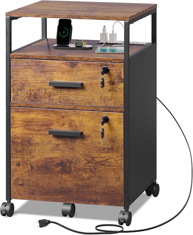 DEVAISE 2 Drawer File Cabinet with Lock and Charging Station, Wood Filing Cabinet fits A4 or Letter Size, Mobile Printer Stand with Open Storage Shelf for Home Office, Rustic Brown-DeskLoop Office