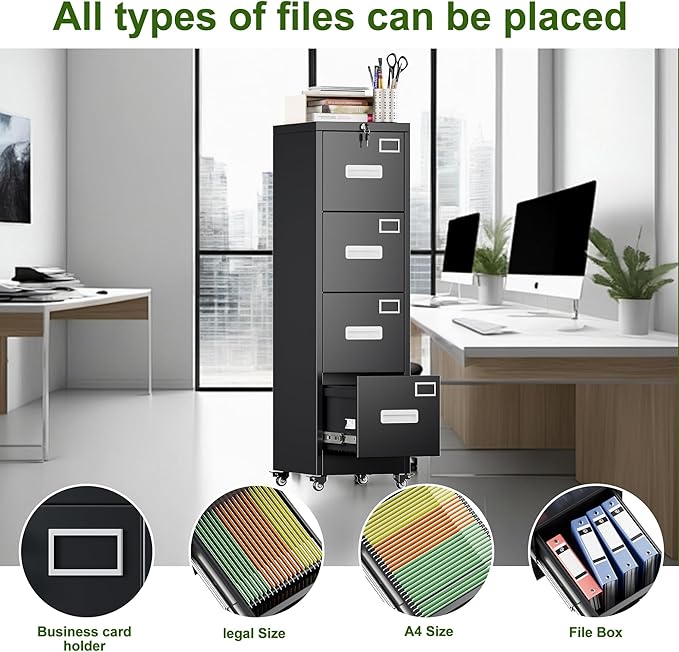 Aobabo File Cabinet 4 Drawer with Wheels, Lockable Office Metal Filing Cabinet with Name Card for Office and Home,Assembly Required,Black-DeskLoop Office