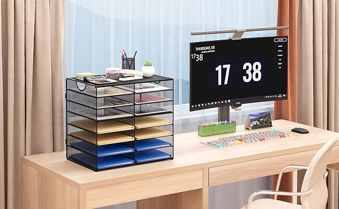 EasyPAG 14-Slot Mesh Desk File Organizer with Handle, Metal Frame Paper Tray for Classroom/Office/Home - Easy Assembly, Durable Tiered Sorter & A4/Letter Size, Black-DeskLoop Office