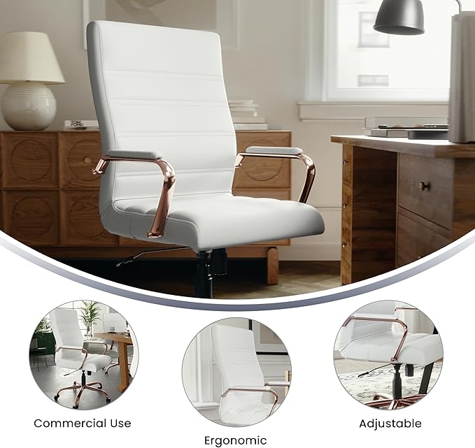 Flash Furniture Whitney High-Back Swivel LeatherSoft Desk Chair with Padded Seat and Armrests, Adjustable Height Padded LeatherSoft Office Chair, White/Rose Gold-DeskLoop Office