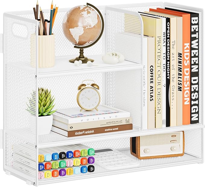 Marbrasse 3-Tier Desk Shelf Organizer with Handle, Desktop Bookshelf File Holder, Mesh Display Shelf Organizer Storage Rack for Office, Home, Supplies, Kitchen (White)-DeskLoop Office