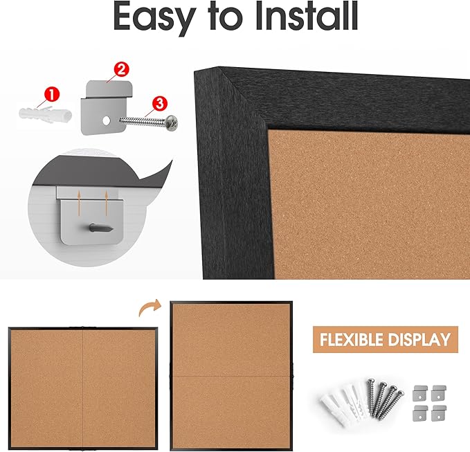 Board2by Extra Large Cork Bulletin Board 48" X 48", Foldable Notice Pin Board for Wall, Black Wood Framed 4'x4' Corkboard, Wall Mounted Noticeboard with 32 Push Pins for School, Home & Office-DeskLoop Office