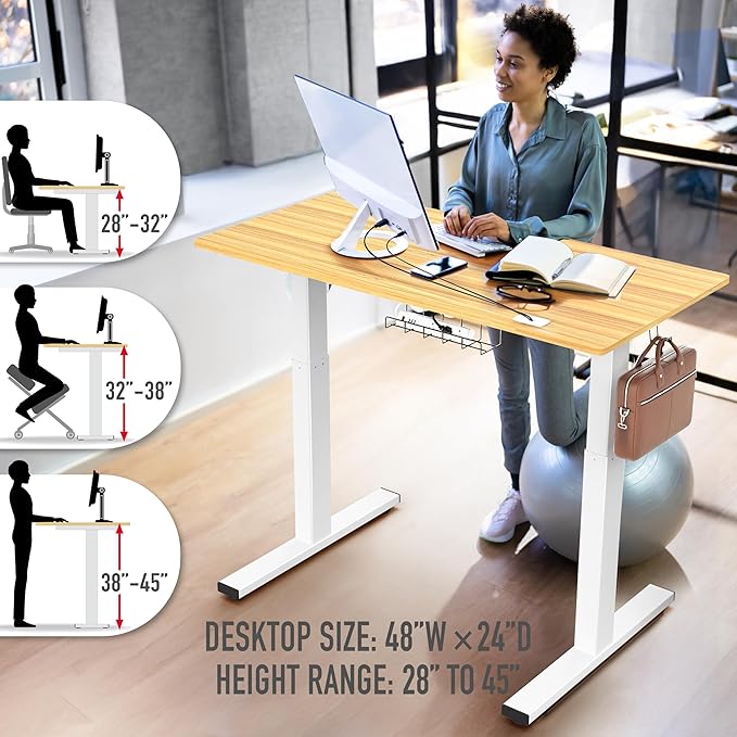 SHW 48-Inch Electric Height Adjustable Standing Desk with Drawer, Memory Preset and Cable Management Tray, Oak-DeskLoop Office