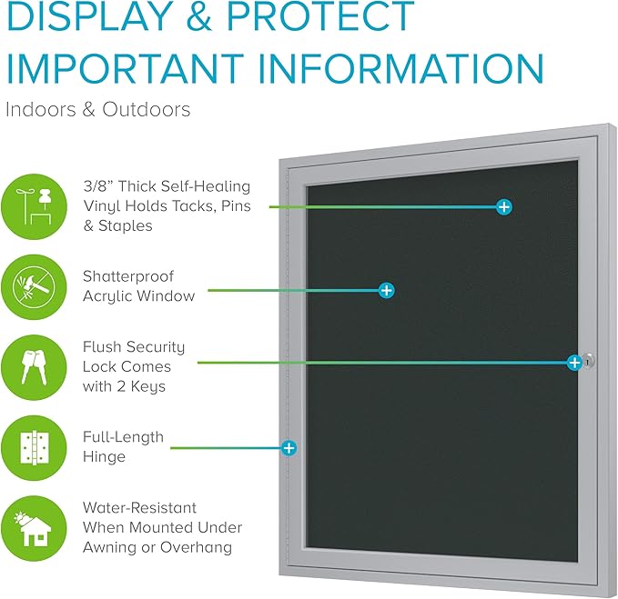 Ghent 36"x30" 1-Door Outdoor Enclosed Vinyl Bulletin Board, Shatter Resistant, with Lock, Satin Aluminum Frame - Ebony (PA13630VX-183), Made in the USA-DeskLoop Office