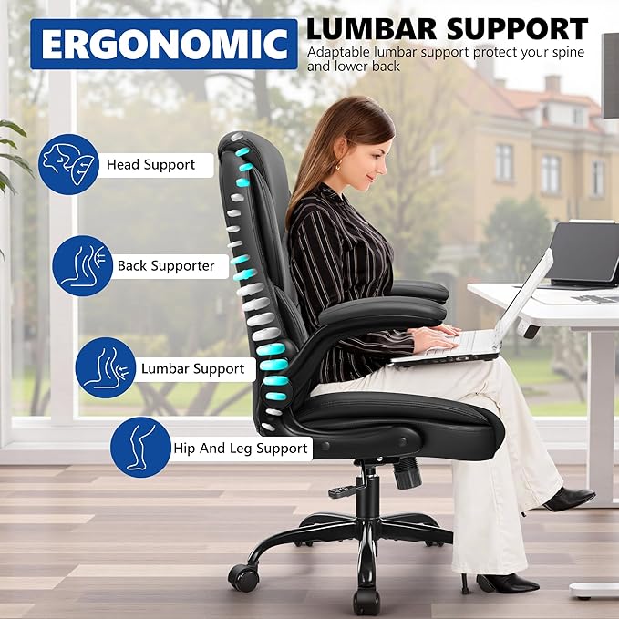 PU Leather Executive Office Chair, Ergonomic High-Back Computer & Gaming Chair with Adjustable Height, Rolling Swivel & Flip-Up Armrests, Comfy Padded Seat for Home Office-Black-DeskLoop Office
