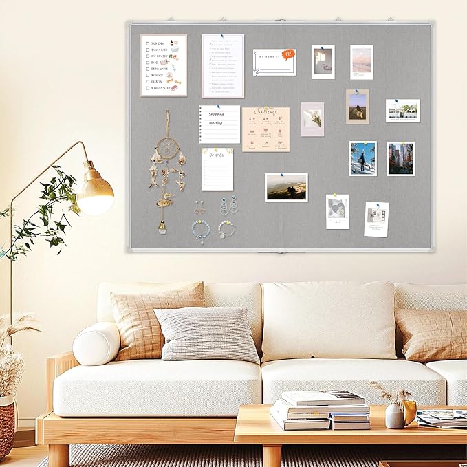 Double-Sided Large Cork Board with Linen, 48" x 36" Foldable Hanging Aluminum Framed Bulletin Board, Vision Board Pin Board Corkboards for Walls, Office, School Decor, 20 Pushpins-DeskLoop Office