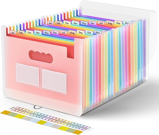 Sooez 24 Pockets Expanding File Folder with Blank Labels, According File Organizer with Expandable Cover, Desktop Accordion Folders Letter A4 Paper Document Storage Organizer, Red-DeskLoop Office
