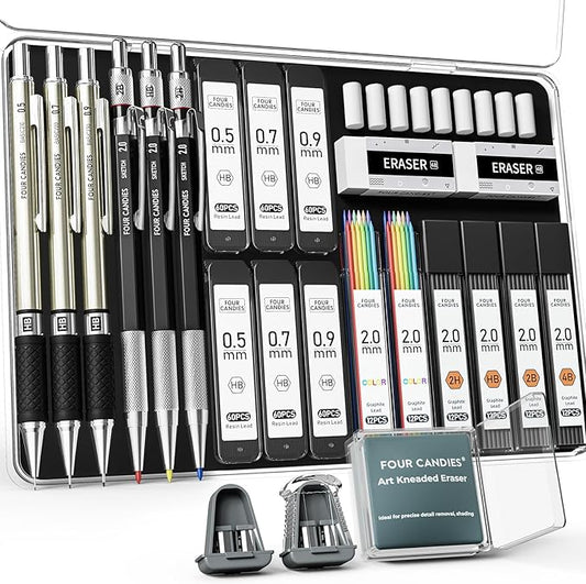 Four Candies 25PCS Art Mechanical Pencil Set with Case, 3PCS Metal Artist Lead Pencil 0.5, 0.7, 0.9 mm & 3PCS 2mm Holder (HB 2H 2B 4B Color) with 432PCS Graphite Lead Refills for Drawing Sketching-DeskLoop Office