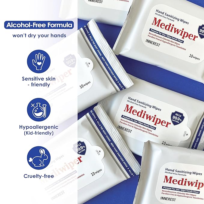 Mediwiper 10 Count Alcohol-Free Sanitizing Wipes Disinfecting Large Unscented Wet Wipes Bulk, Hand Sanitizer (10 Wipes, 100 Wipes (10 * 10))-DeskLoop Office