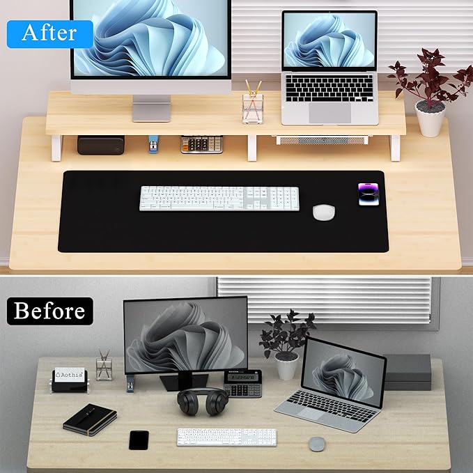 Aothia Dual Monitor Stand Riser - Monitor Stand with Drawer,Monitor Stand For 2 Monitors, Desk Shelf For Monitor with Metal Legs, Wood Monitor Stand with Storage Organize For Pc,Laptop,Screen (Oak)-DeskLoop Office