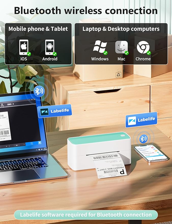 Phomemo Bluetooth Thermal Shipping Label Printer, 241BT Wireless Thermal Label Printer for Shipping Packages, Inkless Thermal Shipping Label Printer, Compatible with iPhone, Android, Green-DeskLoop Office