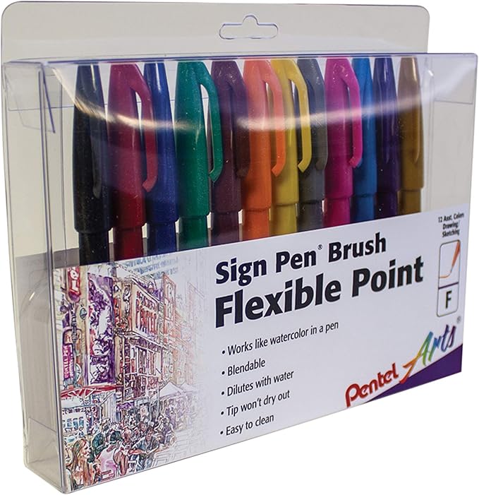 Pentel SES15CPC12 Sign Pen Brush Flexible Point Marker, Assorted, 12/Pack-DeskLoop Office
