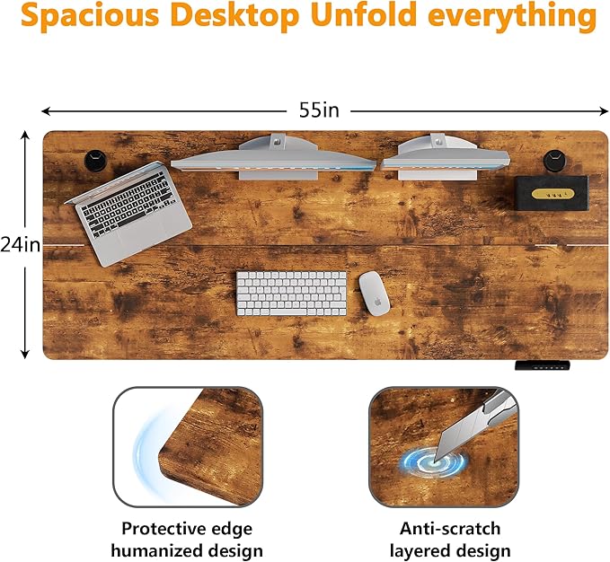 Himimi Electric Standing Desk 55 x 24 inch for Home Office,Sit-Stand Adjustable Desk with Memory Presets,Height Adjustable Desk for Gaming/Working,Free Hook, Lockable Wheels,Mouse Pad,Brown-DeskLoop Office