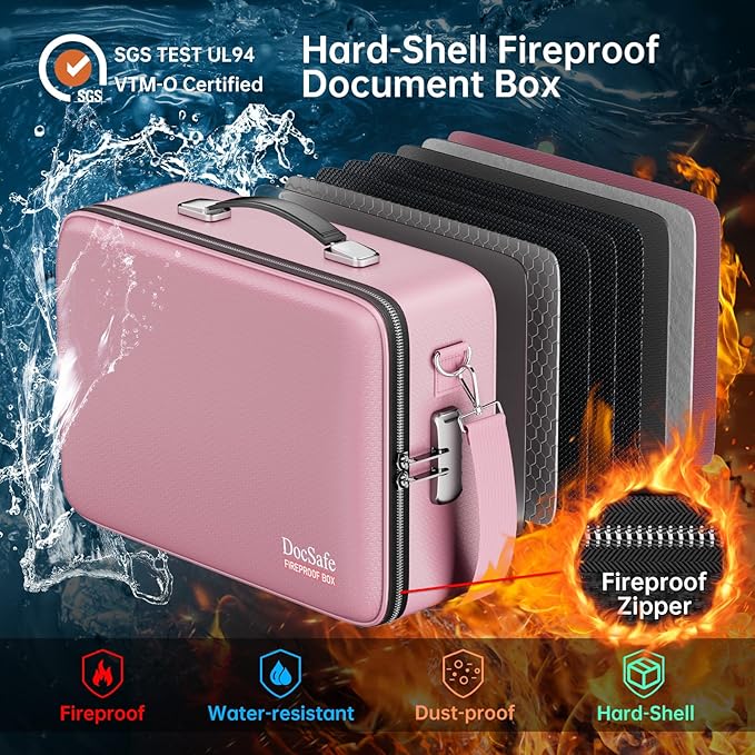 DocSafe Fireproof Document Box with Lock&Shoulder Strap,Hard Case File Organizer with Accordion File Folder,Multi-Layer Portable Home Office Travel Safe Storage for Important Documents Laptop Pink-DeskLoop Office