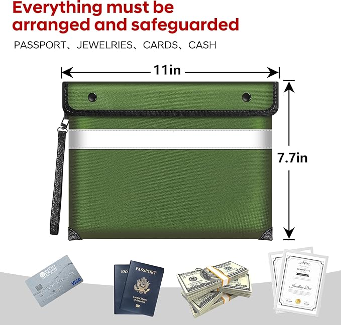 Upgraded Fireproof Document Bag 5200°F Heat Insulated,11"x7.7"Waterproof Fireproof Money Bag with Water-resistant Zipper,Fireproof Envelopes for Documents,Cash,Valuables(Green)-DeskLoop Office