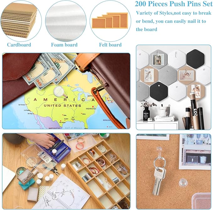 200 Pieces Push Pins Set, 5 Types Clear Thumb Tacks Push Pins for Wall Cork Board Bulletin Boards with Storage Box-DeskLoop Office