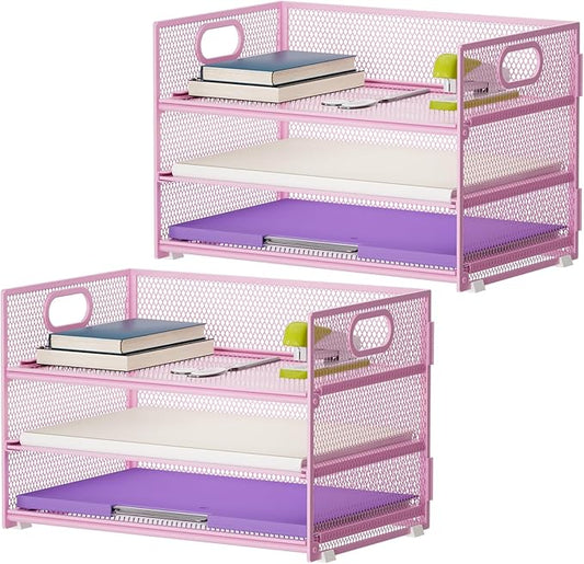 Marbrasse 3 Tier Paper Organizer Letter Tray, Mesh File Organizer with Handle, Paper Sorter Desk Organizer for Home Office Supplies - 2p Pink-DeskLoop Office